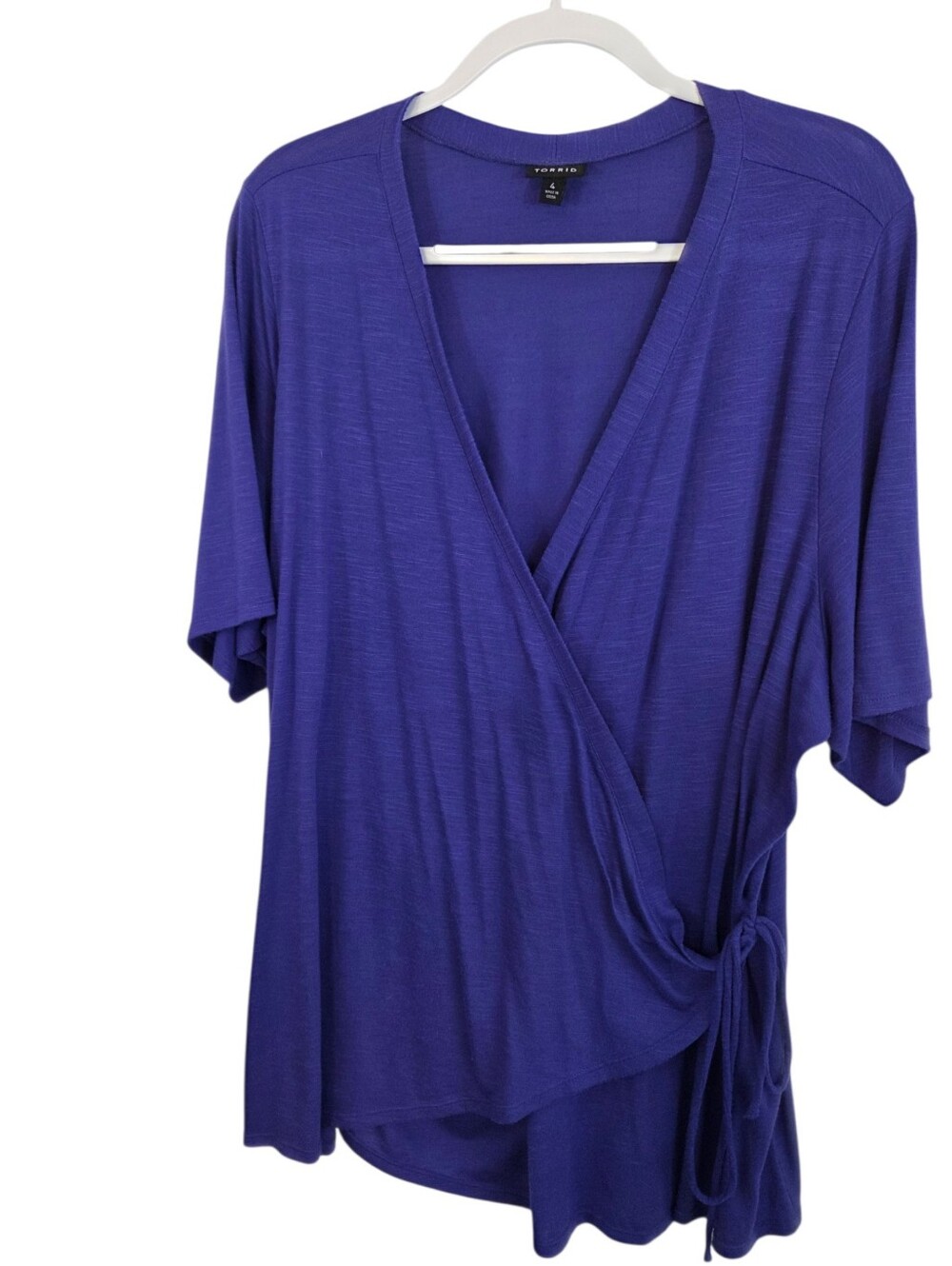 Torrid Purple Faux Wrap V-Neck Short Sleeve Stretch Blouse Size 4 ~ Pre-Owned - Picture 2 of 13